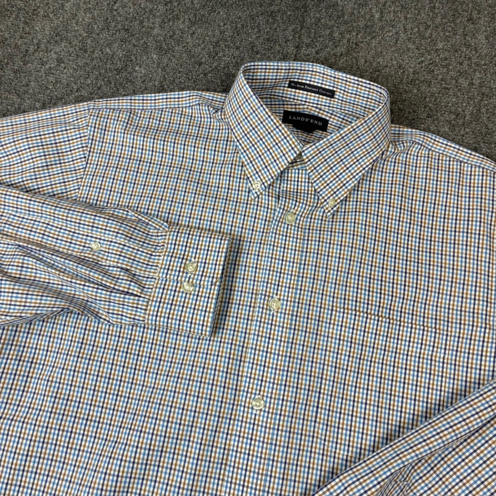 Lands End Mens Medium 15-15.5 No Iron Pinpoint Oxford Shirt Blue Brown Check